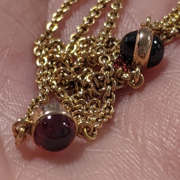 Sold❤️14k Yellow Gold Rhodolite Red Garnet Cabochon Gemstone Station Necklace - Picture 15 of 16